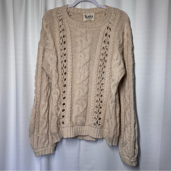 Knitz For Love And Lemons Chunky Cable Knit Sweater Bishop Sleeve S Slouchy Boho - Picture 12 of 12